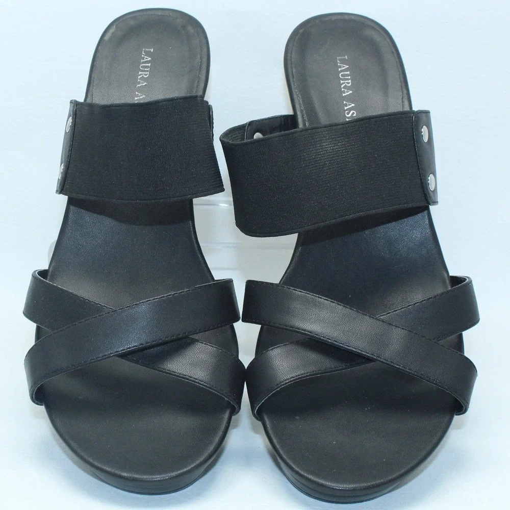 Laura Ashley Black Cutout Wedge Platform Sandals LA-ALBANS2 Silver Trim Mens 11M